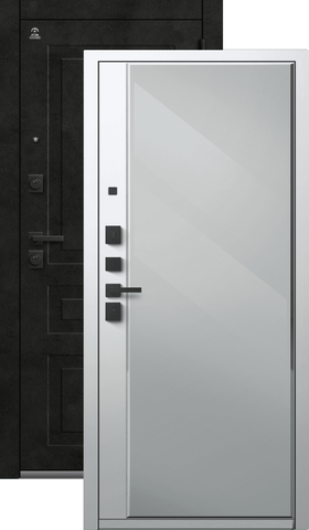 Теплая дверь входная Центурион С-114 зеркало (2026), 2 замка, 2 мм металл, (черный муар/графит кашемир+белый кашемир)
