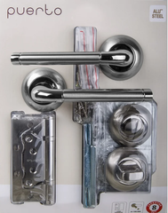 Комплект фурнитуры сантехнический Пуэрто SET 503-08 2070PL 2S SN/NP (ручка, защелка с/у, завертка, петли безВР), цвет никель матовый/никель блестящий (гарантия - 8 лет на ручку, 6 месяцев на остальную фурнитуру)